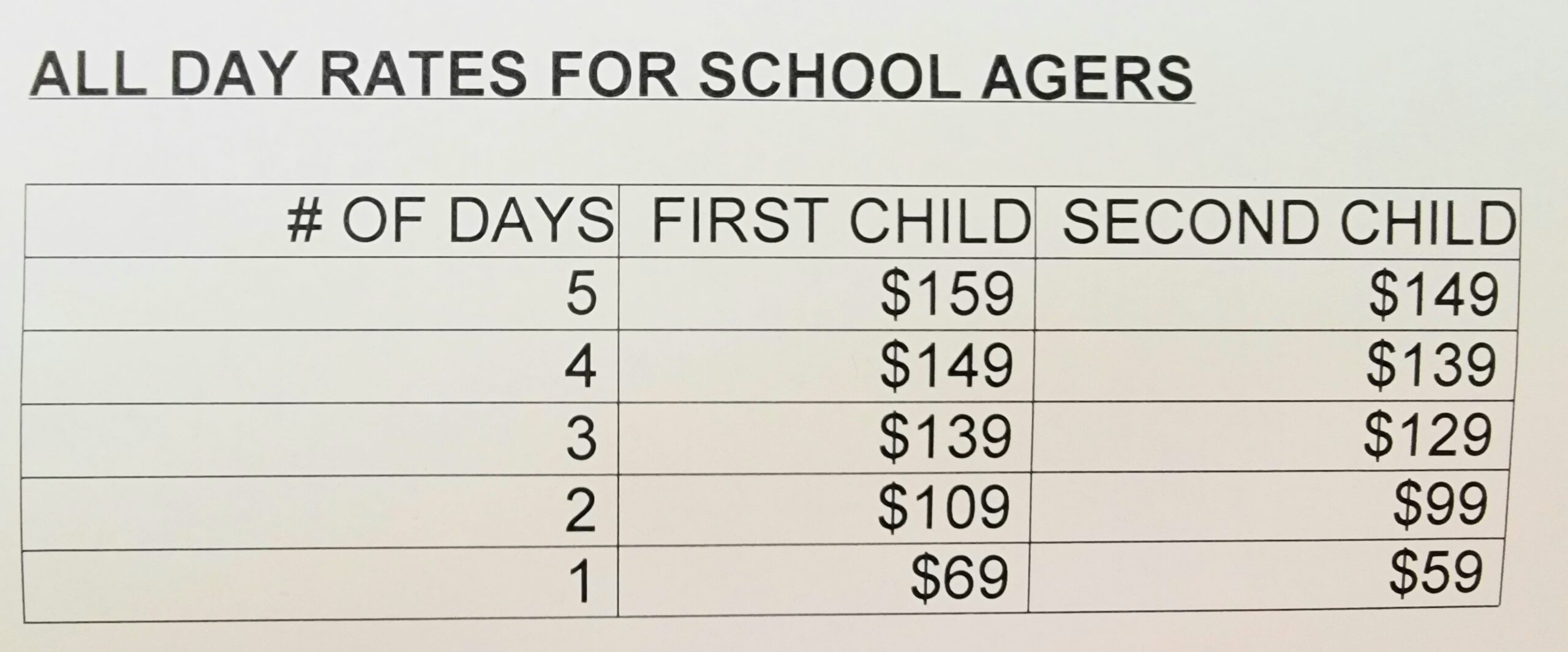 All Day Rates For School Agers