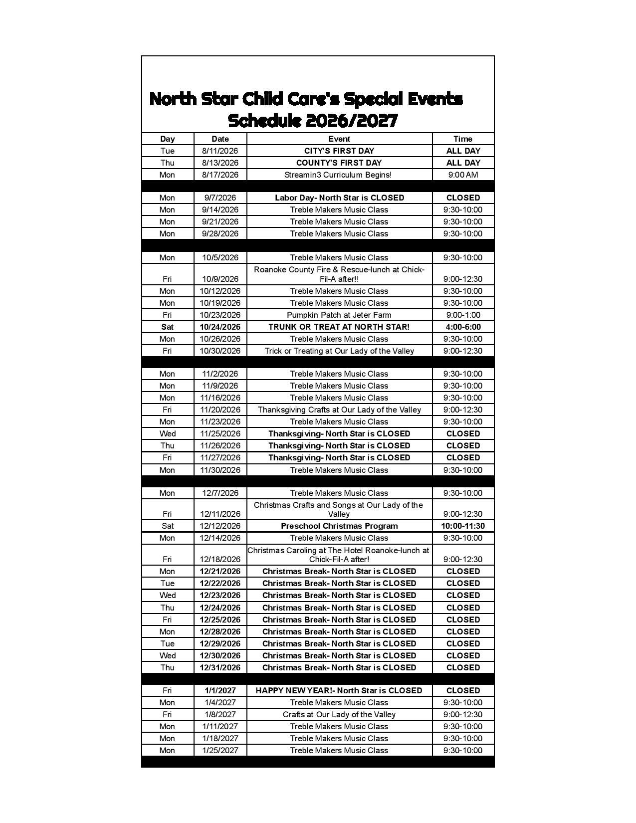 Preschool Special Events 2026 / 2027